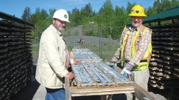 Frank Basa (left), Castle Silver Resources president and CEO, and Douglas Robinson, project geologist, inspect core in the Cobalt-Gowganda area in Ontario. Credit: Castle Silver Resources.