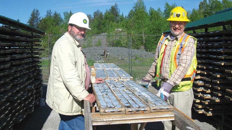 Frank Basa (left), Castle Silver Resources president and CEO, and Douglas Robinson, project geologist, inspect core in the Cobalt-Gowganda area in Ontario. Credit: Castle Silver Resources.