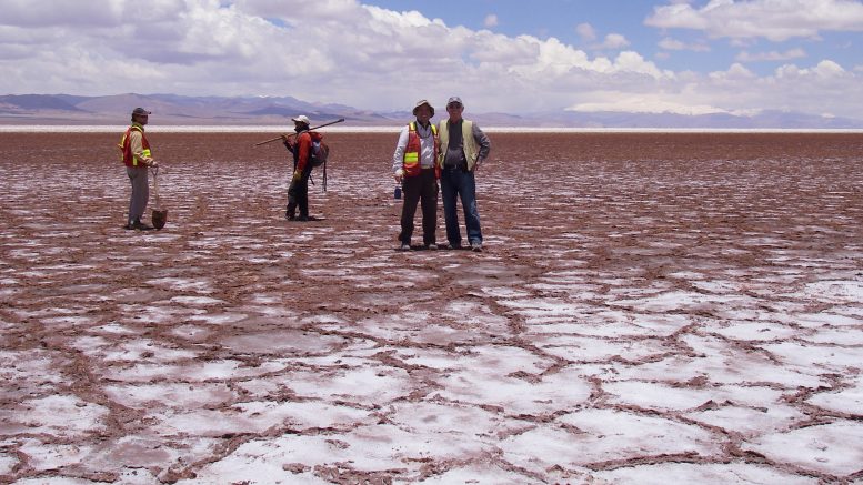 Pausing for a photo at the Cauchari salt lake at Lithium Americas's Cauchari-Olaroz lithium brine project in northwestern Argentina's Jujuy province. Credit: Lithium Americas.