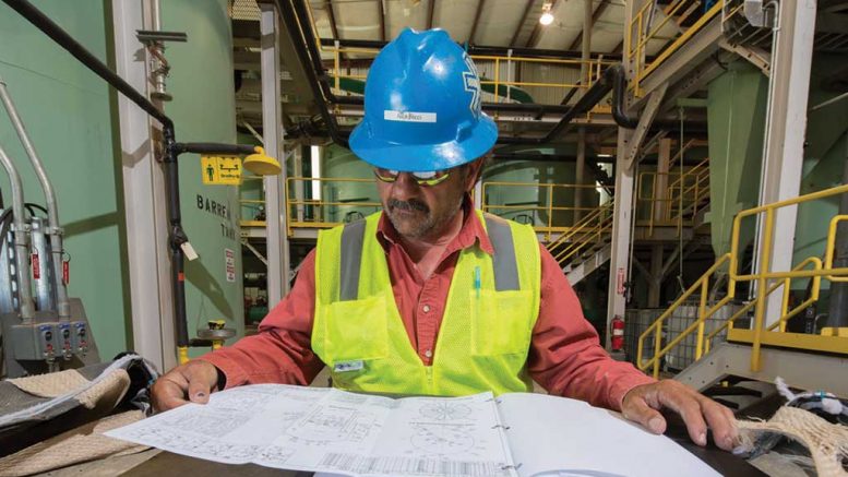 Process manager Nick Ricci inside the plant at Pershing Gold’s Relief Canyon gold project, 150 km northeast of Reno, Nevada. Credit: Pershing Gold.