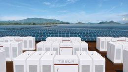 A rendering of some of the 272 Tesla Powerpacks integrated with a 13MW solar installation at the Kauai power project in Hawaii. Credit: Tesla.