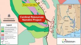 A map showing Cardinal Resources' Namdini gold project, located in the Bolgatanga region, 6 km south east of the operating Shaanxi gold mine, in Ghana. Credit: Cardinal Resources.