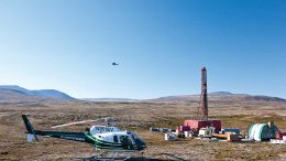 A helicopter at a drill site in an undated photo of Northern Dynasty Minerals’ Pebble copper-gold project in Alaska. Credit: Northern Dynasty Minerals.