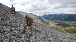 Fireweed Zinc CEO Brandon Macdonald (background) and consulting geologist Scott Dorion from SGDS Hive on a talus slope at the Macmillan Pass zinc-lead-silver property in southeastern Yukon. Photo by Robert Cameron.