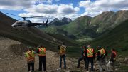 Newsletter writers and analysts wait for the helicopter at Atac Resources' Rackla gold property in the Yukon. Photo by Lesley Stokes.