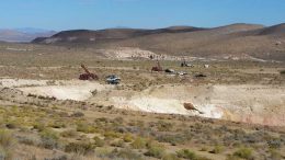 Drill rigs and vehicles at Corvus Gold’s Mother Lode gold project, 150 km northwest of Las Vegas, Nevada. Credit: Corvus Gold.