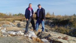 Probe Metals’ chairman Jamie Sokalsky (left) with director Gordon McCreary at the Val-d’Or east gold project. Credit: Probe Metals.