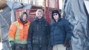 At a drill site in December 2017 on Great Thunder Gold’s Chubb lithium property near Val-d’Or, Quebec, from left: Louis-David Morin, Forages Drilling helper; Pier-Olivier Breton, Forages Drilling driller; and the project’s Qualified Person Donald Théberge. Credit: Great Thunder Gold.