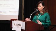 Rebeca Illescas, Ecuador’s Minister of Mines, addresses attendees in early March during Ecuador Day at the PDAC 2018 convention in Toronto. Crdit: Ecuador Ministry of Mining.