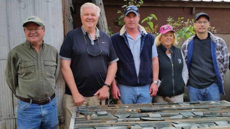 At the exploration camp on New Age Metals’ River Valley PGM property near Sudbury, Ont., from left: Mike Neumann, director; Harry Barr, chairman and CEO; Trevor Richardson, president and chief operating officer; Susan Mitchell, advisor; and Todd McCracken, consultant. Photo by Trish Saywell.