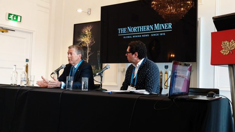 Ross Beaty (left), chairman of Pan American Silver and Equinox Gold, and Gianni Kovacevic, executive chairman and CEO of CopperBank Resources, at The Northern Miner's Canadian Mining Symposium in London, U.K., in April 2018. Photo by John Cumming.