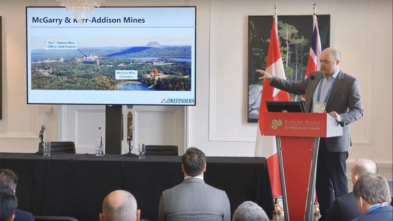 Orefinders chief executive officer and director Stephen Stewart presents at the Canadian Mining Symposium in London on April 25, 2018.