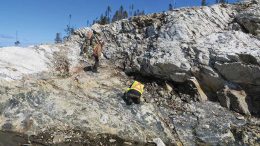 Marathon Gold geologists examining quartz-tourmaline-pyrite-VG veining at the Frank zone at Valentine Lake. Credit: Marathon Gold.