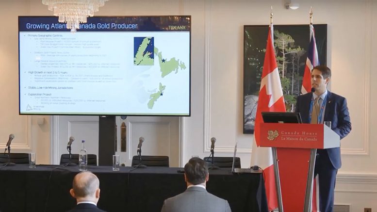 Anaconda Mining president, chief executive officer and director Dustin Angelopresents at the Canadian Mining Symposium in London on April 25, 2018.