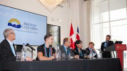 The British Columbia Advantage panel at the Canadian Mining Symposium in London on April 24, 2018. From left: Charles J. Greig, vice president exploration, GT Gold; Chad Norman Day, president, Tahltan Central Government; Dave Nikolejsin, deputy minister, Province of British Columbia; Corinne McKay, secretary-treasurer, Nisga’a Lisims Government; and Walter Coles Jr., president and chief executive officer, Skeena Resources. Photo by Martina Lang.
