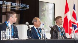 The Future Mining panel at the Canadian Mining Symposium in London on April 24, 2018. From left: Liam Fitzgerald, national mining leader, PwC; Georg Gradl, global head of mining, SAP; Stephen De Jong, chairman, Integra Resources. Photo by Martina Lang.
