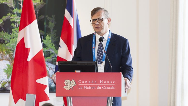 Richard P. Clark, CEO of Orca Gold, speaking at the Northern Miner's Canadian Mining Symposium in London, U.K., in April 2018. Photo by Martina Lang.