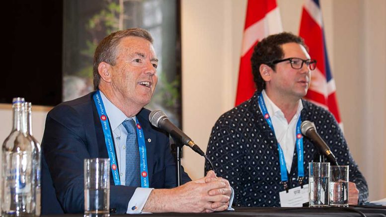 Ross Beaty (left), chairman of Pan American Silver and Equinox Gold, and Gianni Kovacevic, executive chairman and CEO of CopperBank Resources, at The Northern Miner's Canadian Mining Symposium in London, U.K., in April 2018. Photo by Martina Lang.