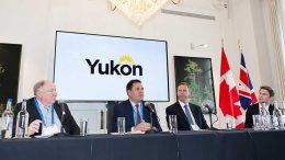 The Invest Yukon mining panel at the Canadian Mining Symposium in London on April 24, 2018. From left: Clynton Nauman, president and chief executive officer, Alexco Resource; Stephen Mills, Deputy Minister Energy Mines and Resources, Government of Yukon; Graham Downs, president and chief executive officer, ATAC Resources; Thomas Horton, co-chairman, Association of Mining Analysts, UK. Photo by Martina Lang.