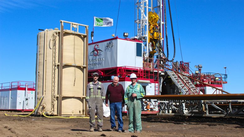 At North American Helium’s Battle Creek project in Saskatchewan, from left: Brendin Sand, wellsite geologist; Bill Young, president of North American Helium; and wellsite supervisor Kristian Link. Credit: North American Helium.