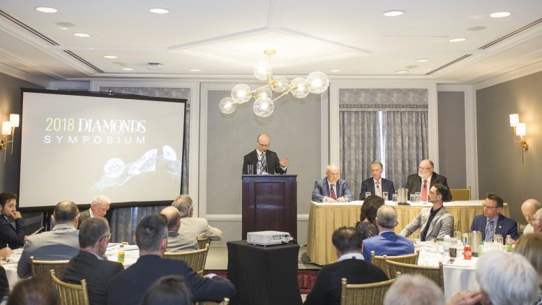 On stage at The Northern Miner's Diamonds in Canada Symposium in June 2018 in Toronto, from left: Northern Miner editor-in-chief John Cumming; Matt Manson, president and CEO of Stornoway Diamond; Peter Ravenscroft, managing director of Burgundy Diamonds; and George Read, VP of exploration & development at Star Diamond (formerly Shore Gold. Credit: Erik Rotter Photography.