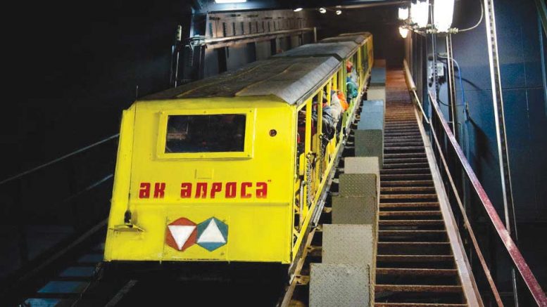 Miners travelling underground at Alrosa’s Aikhal diamond mine in Russia. Credit: Alrosa.