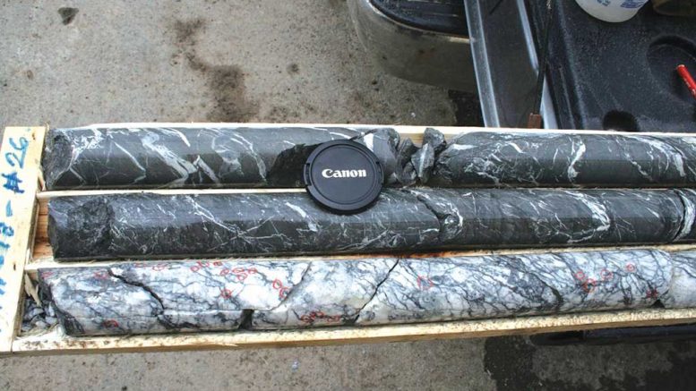 Drill core from discovery hole 18-1 from Sokoman Iron’s Moosehead gold property in Newfoundland. The hole returned 45 grams gold per tonne over 11.9 metres. Red circles indicate visible gold. Credit: Sokoman Iron.