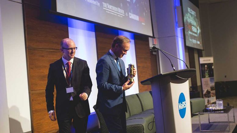 Sean Boyd, Agnico Eagle Mines CEO, accepts The Northern Miner's Mining Person of the Year Award at the Progressive Mine Forum in Toronto. Photo by George Matthew Photography.