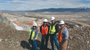 Liberty Gold’s geoscience team on a visit to Newmont Mining’s Long Canyon gold deposit in Nevada, from left: Moira Smith, vice-president of exploration and geoscience; April Barrios, project geologist; Randy Hannink, project geologist; and Pete Shabestari, regional geologist. Missing from the team photo: Will Lepore, project geologist. Smith was instrumental in advancing Long Canyon with Fronteer Gold before Newmont bought the company for $2.3 billion in 2011. Credit: Liberty Gold.