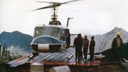 Loading core onto a helicopter at the Ertsberg East skarn system in Irian Jaya in 1975. Photo by William A. Fuchs.