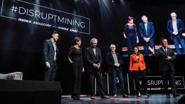 The judging panel and host on stage in Toronto at Goldcorp and KPMG’s #DisruptMining innovation challenge in March 2019, from left: Jacob Yeung, student and captain of the University of British Columbia #DisruptMining judging team; Sue Paish, CEO of Canada’s Digital Technology Supercluster; Ian Telfer, chair of Goldcorp; Wal van Lierop, founder and managing partner of Chrysalix Venture Capital; Katie Valentine, global head of mining consulting at KPMG; and Rick Mercer, master of ceremonies. Credit: Goldcorp.