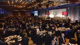 Master of ceremonies Pierre Lassonde addressing attendees at the 2019 Canadian Mining Hall of Fame induction ceremony at the Metro Toronto Convention Centre in January. Photo by Keith Houghton.