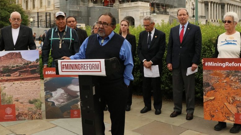Representative Raúl M. Grijalva (D-Ariz.), chair of the Subcommittee on Energy and Mineral Resources, (at podium) speaking at the Mining Reform Press Conference on May 9, 2019.