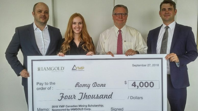 Iamgold donating $4,000 to the Young Mining Proffessionals (YMP) Canadian Mining Scholarship in September 2018, from left: Stephen Stewart, director of YMP Toronto and president and CEO of Orefinders Resources; scholarship award winner Romy Done (who now works at Iamgold); Steve Letwin, president and CEO of Iamgold; Anthony Moreau, business development and innovation manager at Iamgold. Credit: Young Mining Professionals.