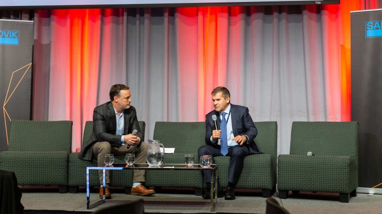 The Northern Miner publisher Anthony Vaccaro (left) in conversation with Kirkland Lake Gold president and CEO Tony Makuch at the Progressive Mine Forum in October 2019. Credit: George Matthew Photography.