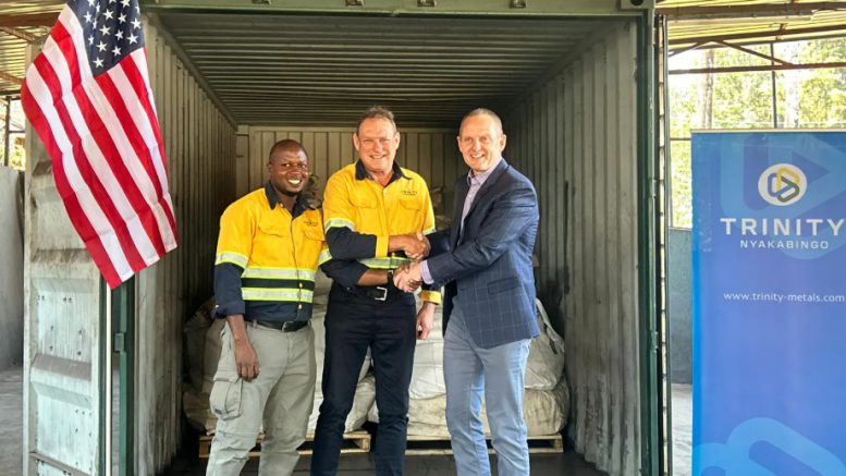 US Ambassador to Rwanda Eric Kneedler, Trinity CEO Peter Geleta and Nyakabingo Mine General Manager Justin Uwiringiyimana celebrating the loading of tungsten destined for the United States. (Image Trinity Metals)